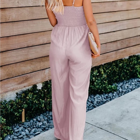 Women’s Pink Ruffle Sleeve/Spaghetti Strap High waist, wide leg jumpsuit - Picture 2 of 6